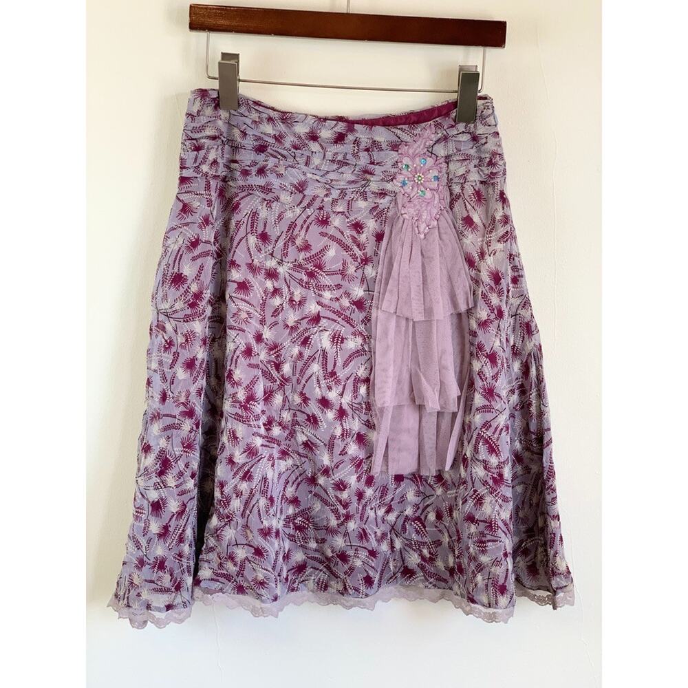 Vtg Free People 0 XS Silk Purple Whimsigoth Coquette Skirt Tulle Lace Appliqué